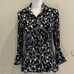 Y2K Essentials By Milano Black White Geometric Plissé Pleated Bell Sleeve Top M